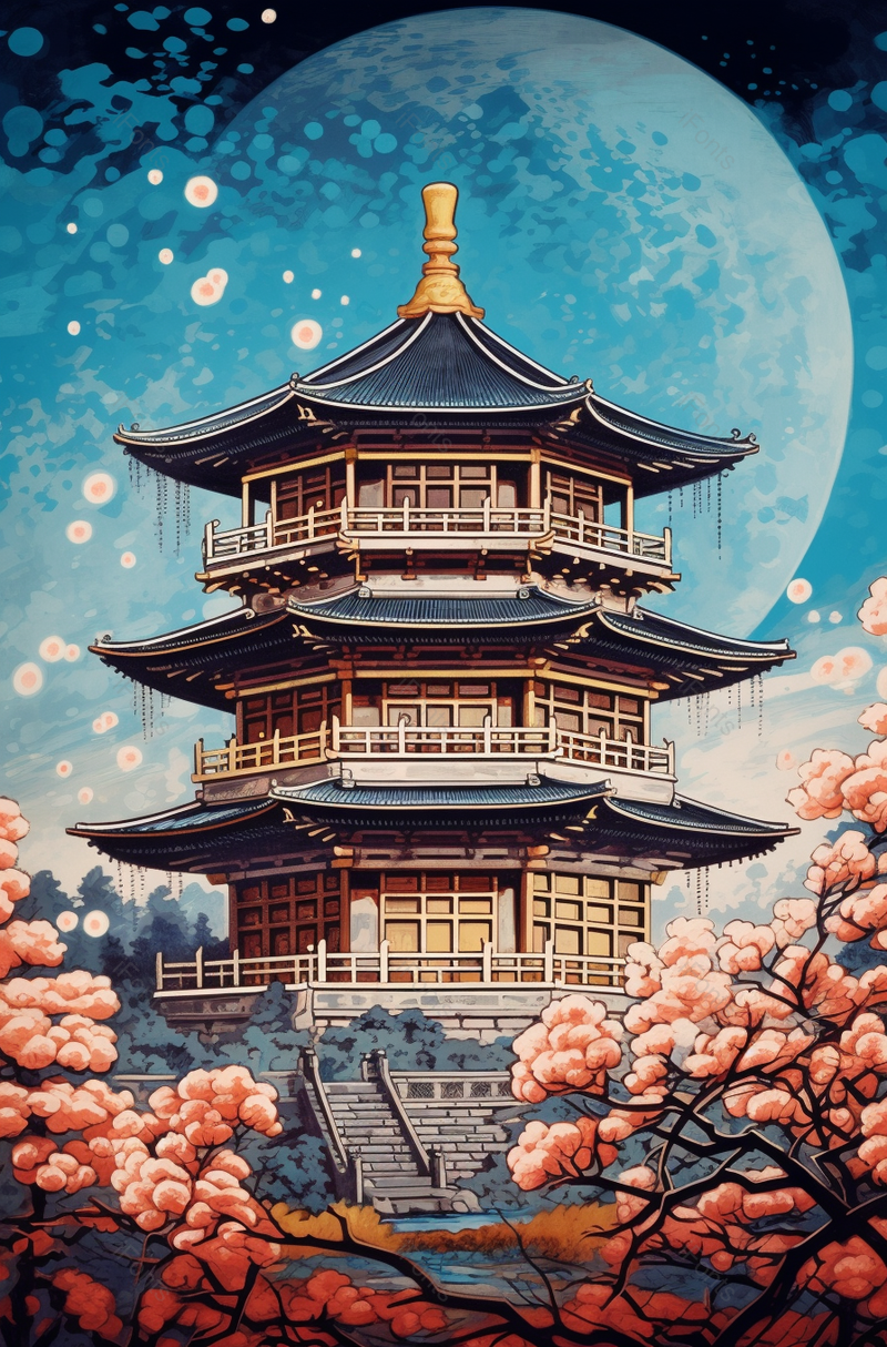 夜晚月光下古典复古中国风国潮楼阁阁楼插画,插画/手绘图,插画/手绘图库,插画/手绘图下载,插画/手绘